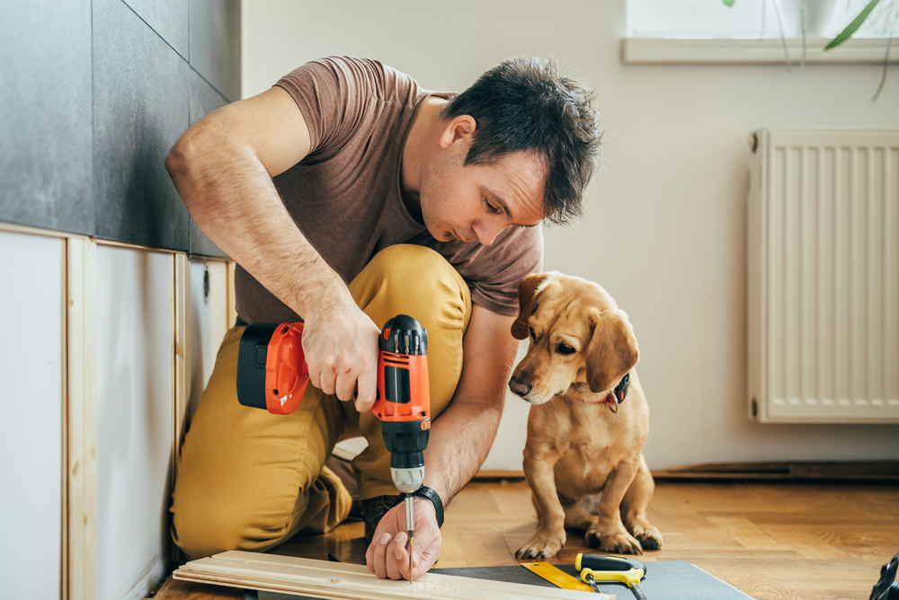 Man aan het werk met elektrische schroevendraaier naast een hondje