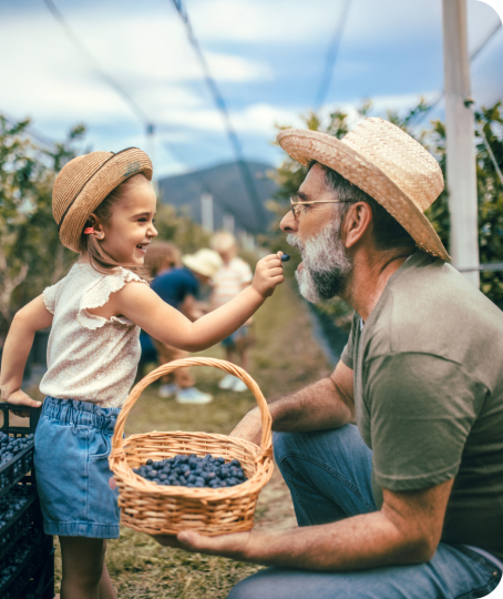 Grand-père et petit-enfant mangent des baies