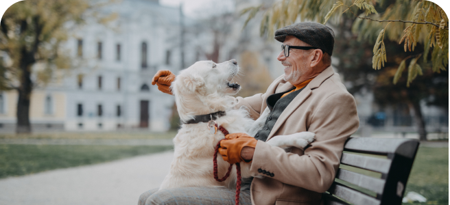 Homme avec chien sur un banc