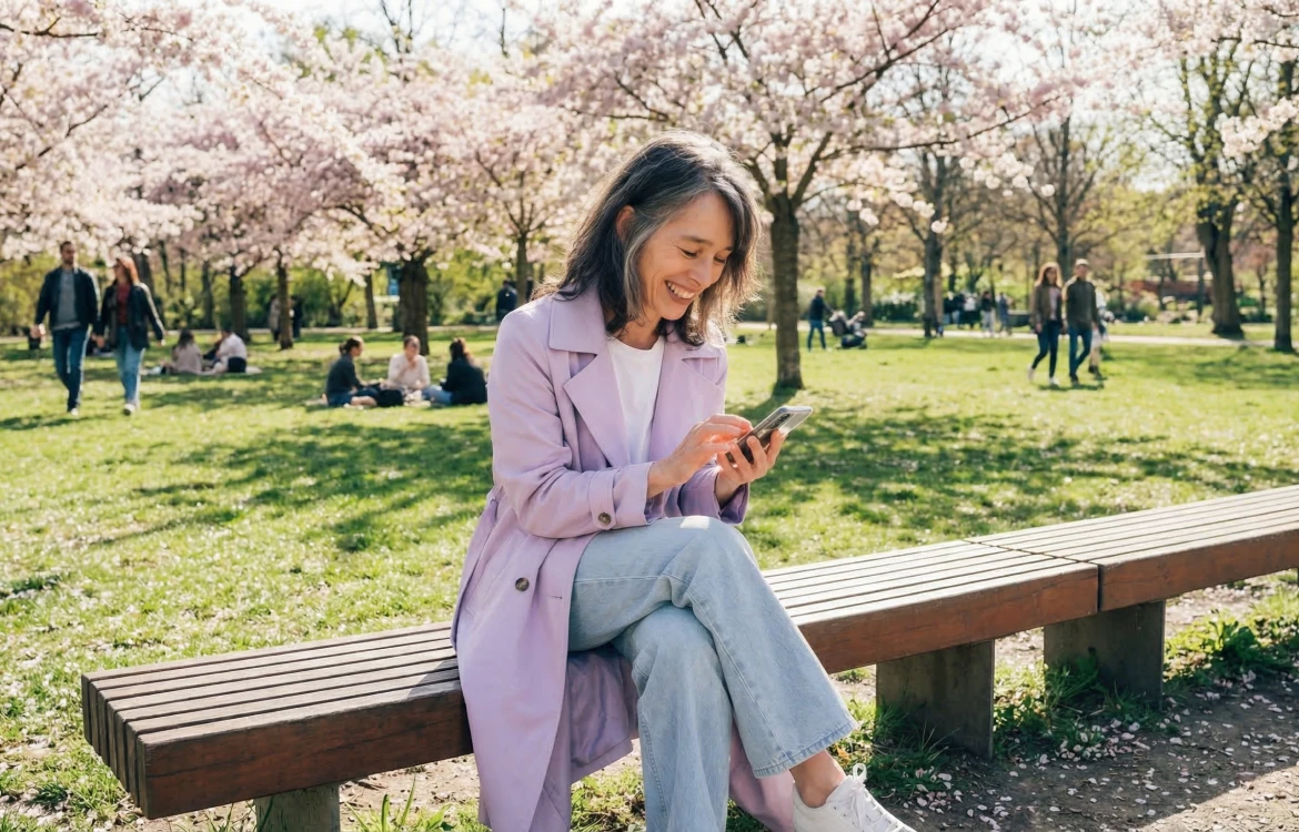 een vrouw die op een bankje in een park zit