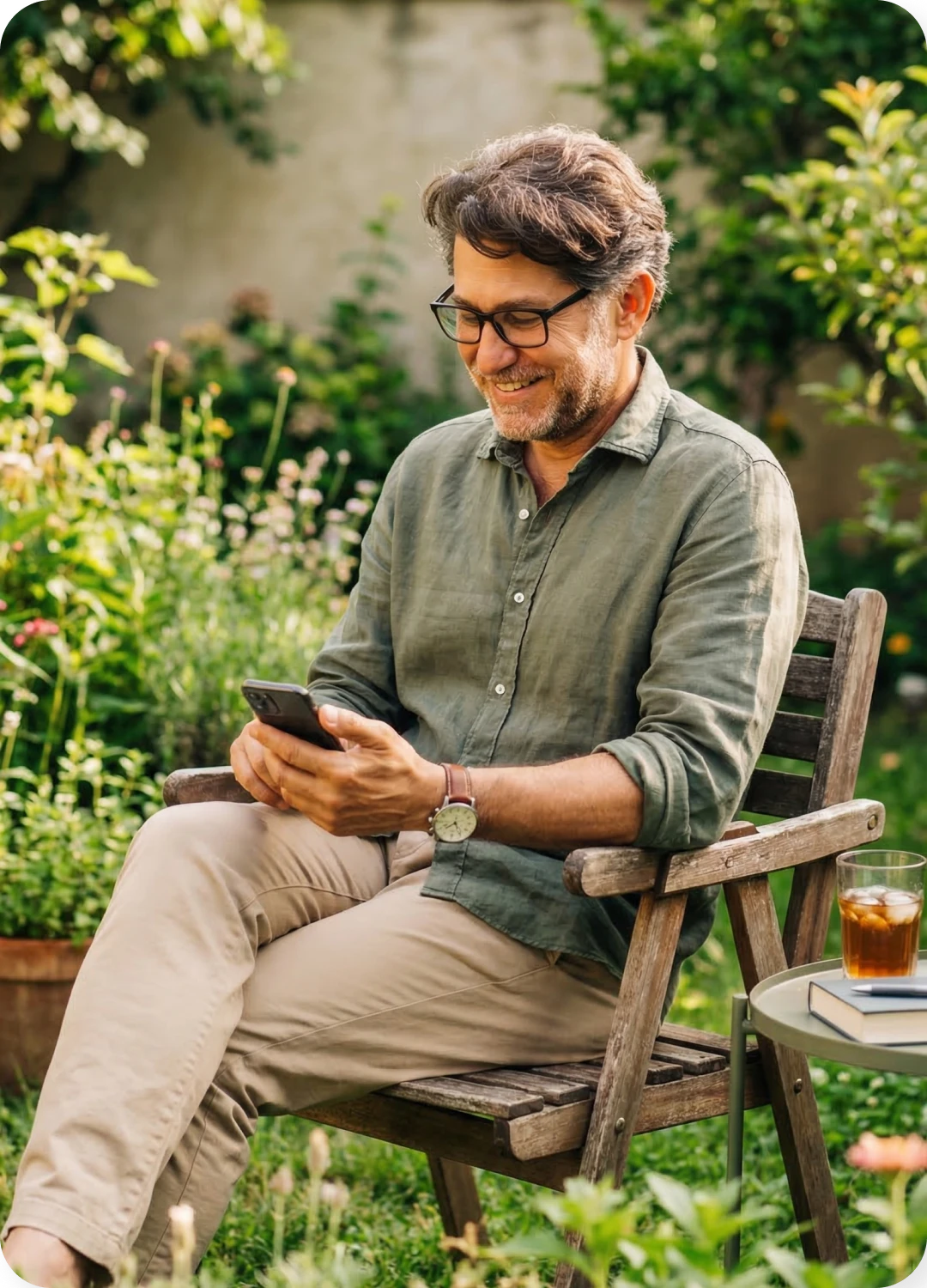 un homme assis dans son jardin