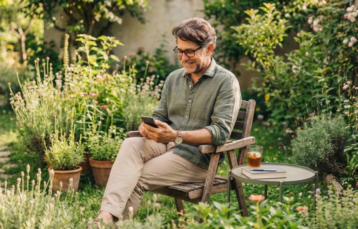 un homme assis dans son jardin