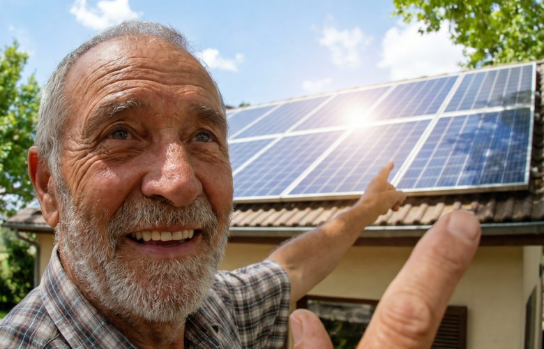 un homme devant un panneau solaire