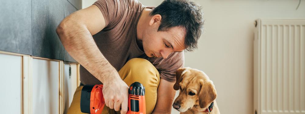 Man aan het werk met elektrische schroevendraaier naast een hondje